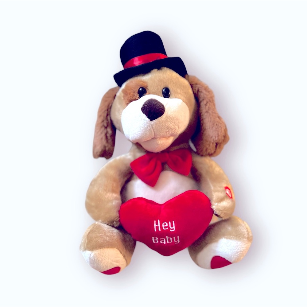 10” Singing Plush Top Hat Heart Holding Dog